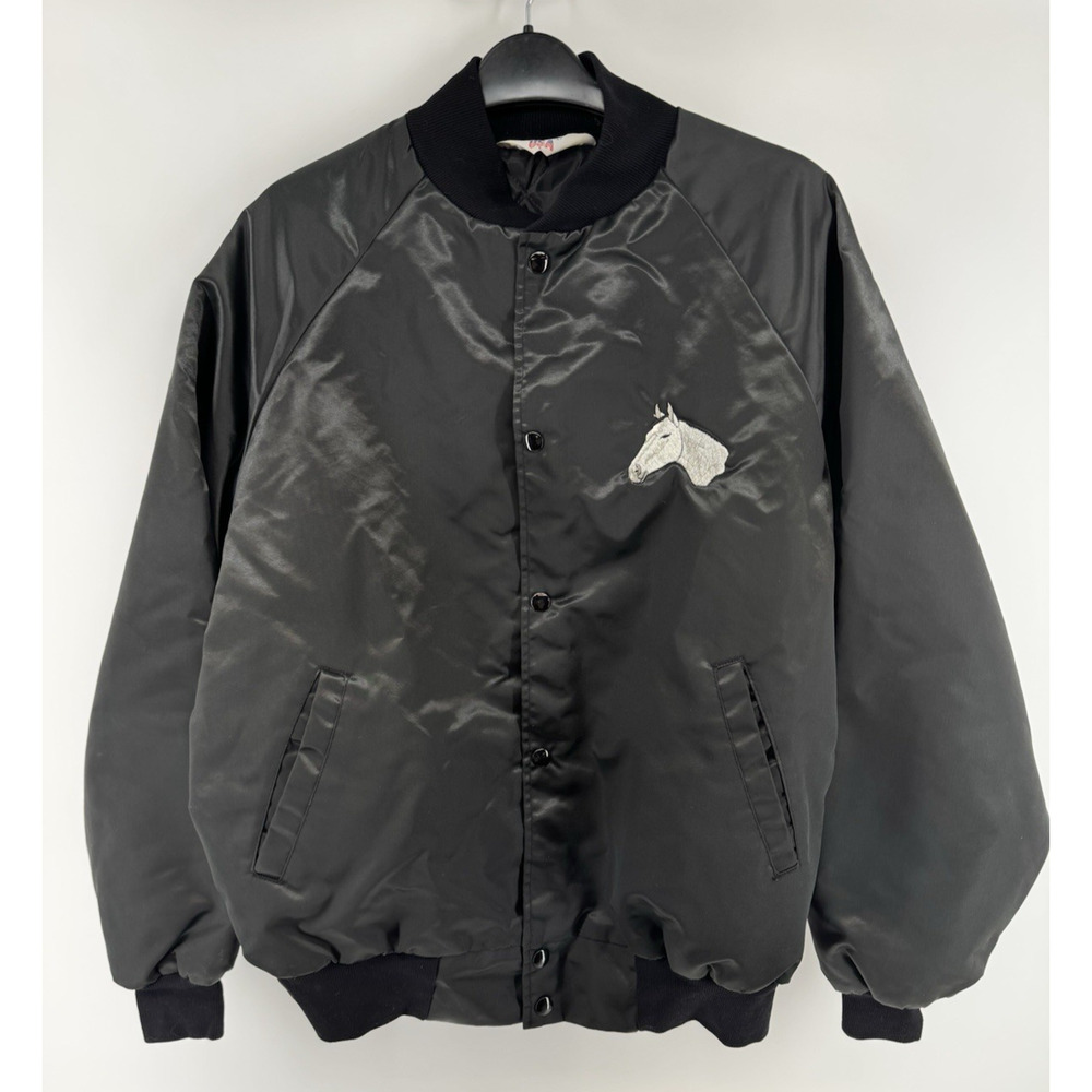 Black Satin Bomber Jacket West Ark Embroidered Horse Head Size Large